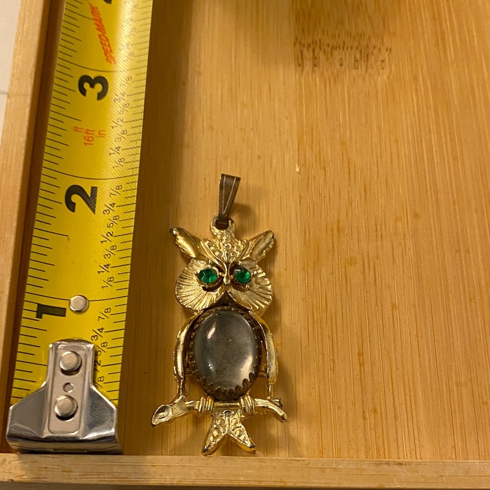 Gold-Tone Owl Pendant Necklace with Green Crystal Eyes
